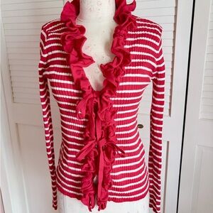Rouje Red & White Ruffle-Front Striped Knit Cardigan